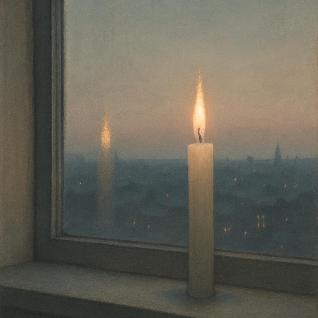 A large window looking out into a cityscape featuring a single candle on the windowsill in a soft haze of candlelight, wit...